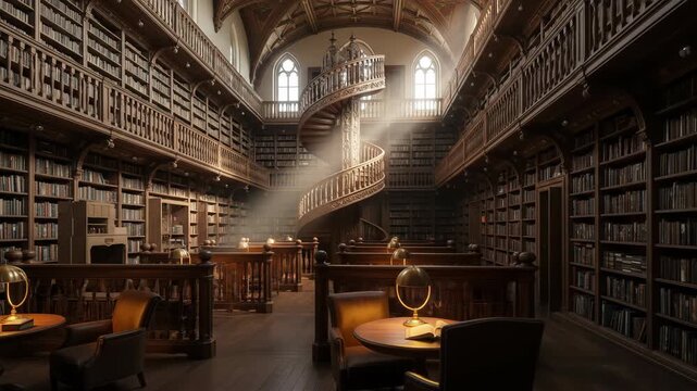 Ornate Library Interior with Spiral Staircase and Ambiance, Emphasizing Architectural Details and Warm Lighting