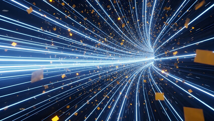 Abstract digital data stream tunnel with glowing blue light lines and flying golden particles, representing fast internet, technology, and cyberspace concept in 3d rendering