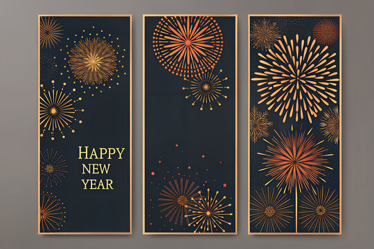 Elegant Golden Fireworks Happy New Year Vertical Banner Template Set