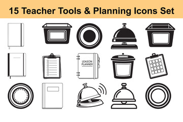 Set of 15 teacher tools and planning icons including notebooks bins and bells
