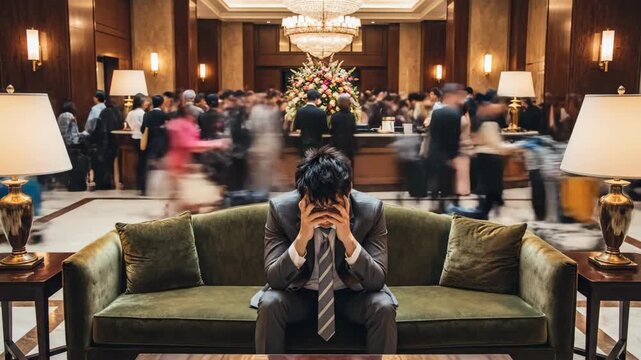 In a busy hotel lobby, a lone figure sits on a plush sofa, head in hands, surrounded by a flurry of people engaged in conversation and activities.
