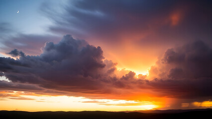 Dramatic sunset sky with storm clouds and intense orange light over horizon