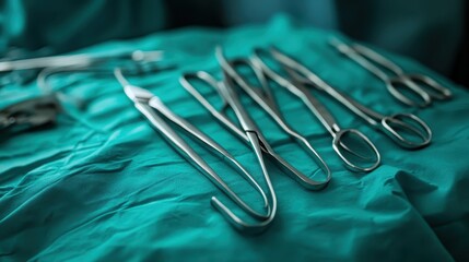 Close Up of Sterile Surgical Forceps Laying on a Green Surface