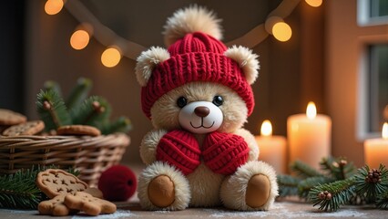 Realistic / semi-realistic style: `A cute Christmas teddy bear rendered in semi-realistic style, detailed plush fur texture, soft lighting, wearing a knitted red sweater with white snowflake patterns,