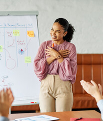 Group of young business people having a meeting or presentation and seminar with whiteboard in the office. Portrait of a young business woman