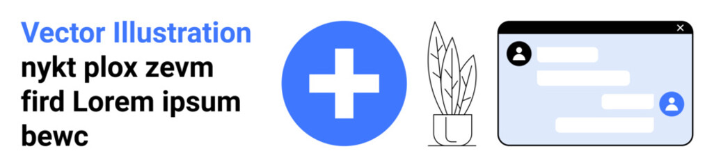 Healthcare, online support, telemedicine, digital communication, medical services, remote care. A medical cross beside a chat interface and plant. Healthcare and telemedicine communication concept