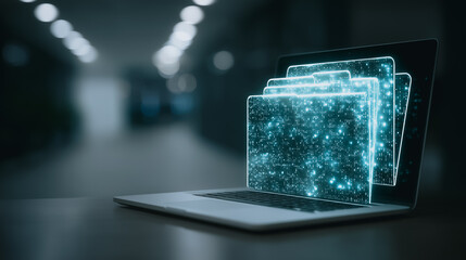 A modern laptop displays digital files, symbolizing data storage and technology. Captured with a sleek aesthetic, perfect for tech-related projects.