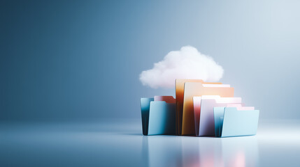 Cloud storage symbolizes data security and accessibility, a digital cloud hovers over a stack of file folders, offering a visual representation of the modern digital landscape.
