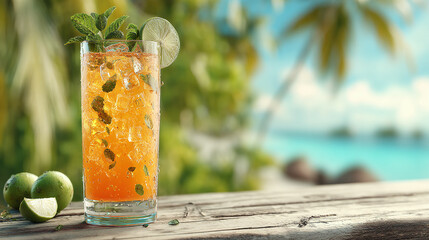 A refreshing tropical cocktail with mint, citrus, and a vibrant beach background