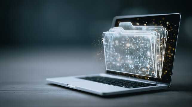 A sleek laptop, its screen alive with a digital data display, projects the concept of information technology, offering insight to data and digital technology. - Powered by Adobe