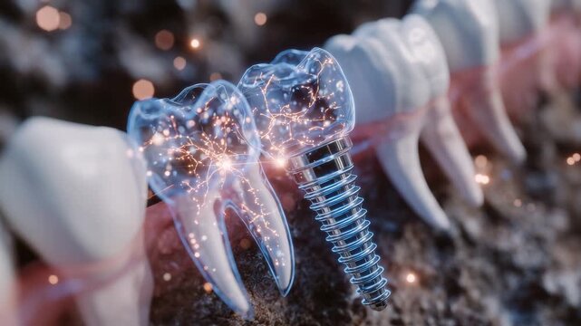 Close-up render of premolar implant insertion path, precise drill tunnel shown in glowing outline, implant body suspended mid-placement, microscopically detailed bone texture