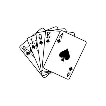 Fanned playing cards showing ace king queen jack ten of spades.