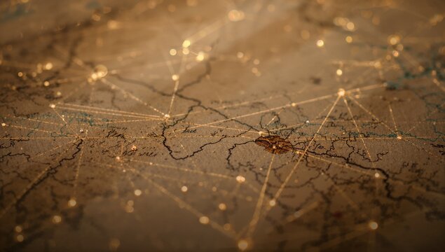 Vintage Celestial Map with Glowing Modern Geometric Constellation Lines on Antique Paper Texture
