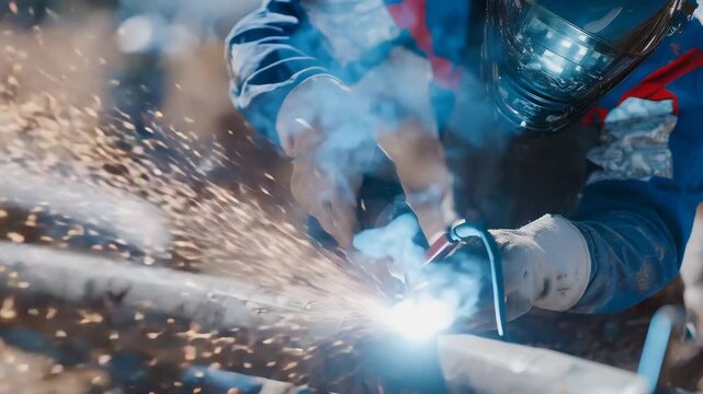 Close-up shot of water pipes being welded together for cottage plumbing infrastructure, sparks flying from the tool in natural daylight