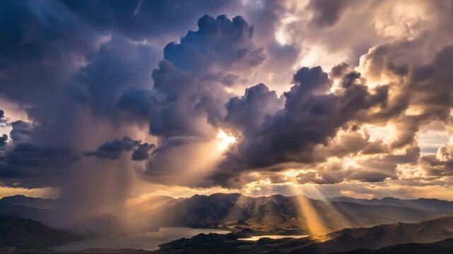 Dramatic sun rays breaking through dark storm clouds over mountains