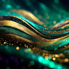 Glitter Emerald Golden Wave Stripes Design. Shiny moving lines design element with bokeh effect background