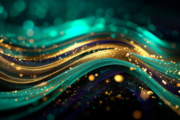 Glitter Emerald Golden Wave Stripes Design. Shiny moving lines design element with bokeh effect background