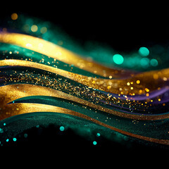 Glitter Emerald Golden Wave Stripes Design. Shiny moving lines design element with bokeh effect background