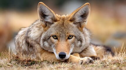 Fototapeta premium Close-up Portrait of a Wild Coyote Lying Down in a Field.