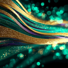 Glitter Emerald Golden Wave Stripes Design. Shiny moving lines design element with bokeh effect background