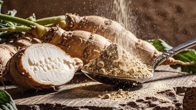 Freshly Sliced Herbal Root Next to Ground Spice Powder on Wooden Table.