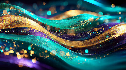Glitter Emerald Golden Wave Stripes Design. Shiny moving lines design element with bokeh effect background
