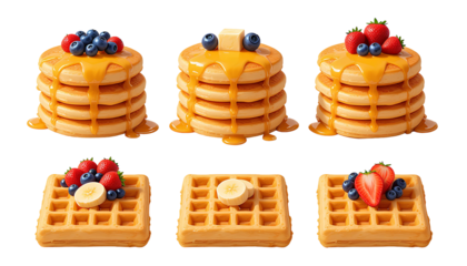Cartoon Breakfast Pancakes and Waffles with Syrup and Fruit Isolated on Transparent Background