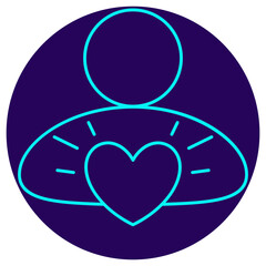 Human Factor Icon. Minimalistic neon outline on a dark blue round background. Vector illustration of a human silhouette with a glowing heart, symbolizing core values, empathy, client-centricity