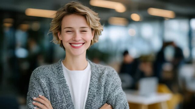 Confident business woman standing with arms crossed in a contemporary office environment, neutral tones, subtle bokeh of coworkers in background, symbolizing leadership and authori