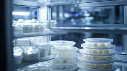 Collection of sealed sterile medical packaging containers stacked and organized on shelves in a clean bright environment