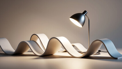 Elegant curves of paper illuminated by a sleek lamp on a simple desk