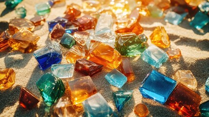 Colorful shattered glass fragments glinting in warm sunlight creating an abstract sparkling texture