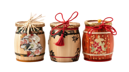 Japanese sake barrel decoration used in New Year celebrations on transparent background