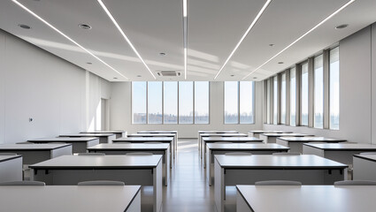 Sunlit modern classroom with empty desks in a calm space