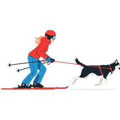 Obraz premium Skier in red jacket skiing with dog on leash.