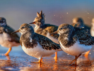 Shorebirds on ocean beach,ruddy turnstones
