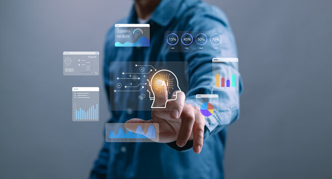 concept of artificial intelligence and data analysis, businessman touching virtual interface of graph and holographic AI brain on hand, conveying future technology and intelligent work assistants - Powered by Adobe