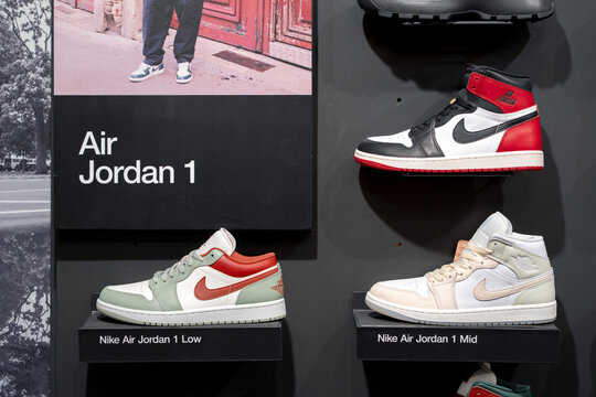 Nike Air Jordan shoes display in the interior of a sports shoe store. Nike is one of the world's largest suppliers of athletic shoes and apparel. Minsk, Belarus - December 16, 2025