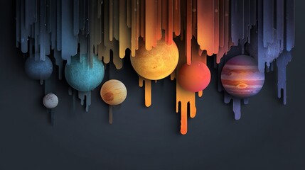 Planets hang from abstract dripping lines against a dark backdrop