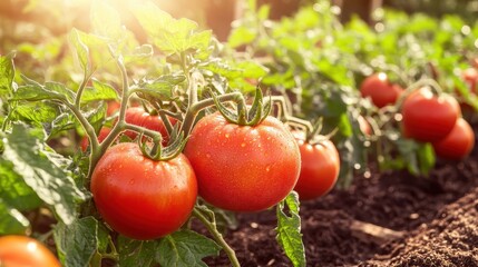 Fresh ripe organic tomatoes glistening in bright sunlight