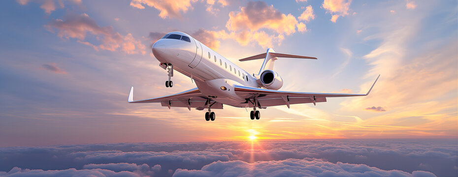 Passenger jet soaring over sea of clouds during sunset, fluffy cloud blanket below aircraft, backlit airplane, stunning twilight colors, professional travel photography.