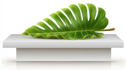 Tropical Monstera Leaf Resting on Modern White Pedestal