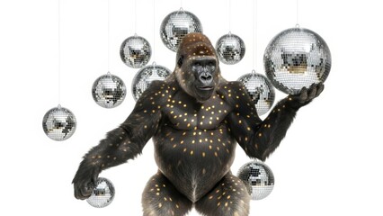 Fototapeta premium Gorilla with Mirrored Disco Ball on White Background