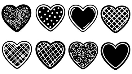 Set of eight distinct monochrome heart icons with varying internal patterns for decorative use