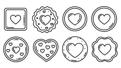 Set of Eight Simple Black and White Heart Icons with Various Shapes and Styles for User Interface
