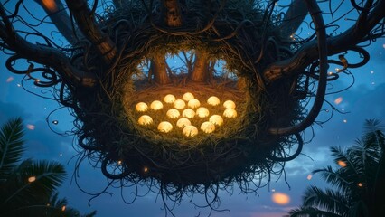 Blue Tree Heart Light Nest Art Illustration