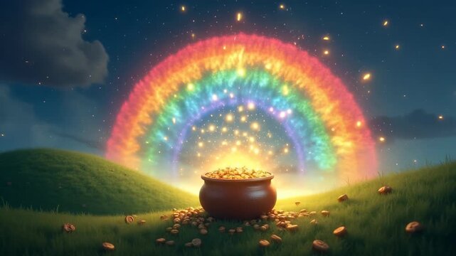 Magical pot of gold coins at the end of a glowing rainbow on lush green hill under starry night sky with sparkling particles, concept of saint patricks day, irish folklore marketing