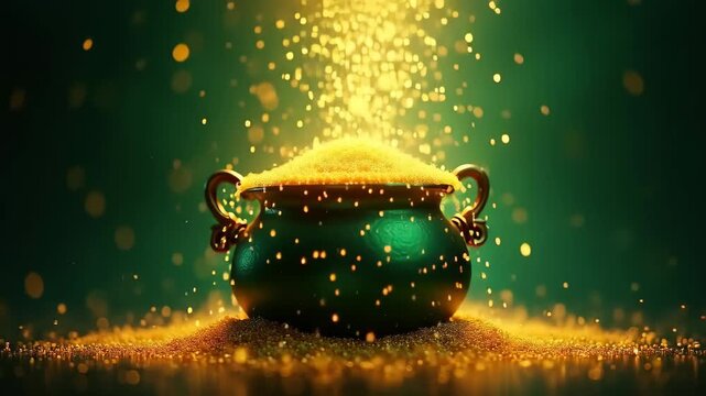 Overflowing green cauldron spilling golden sparkling dust in a magical glow, pot of gold  on emerald backdrop with bokeh lights, luck and treasure, concept of saint patricks day, irish folklore