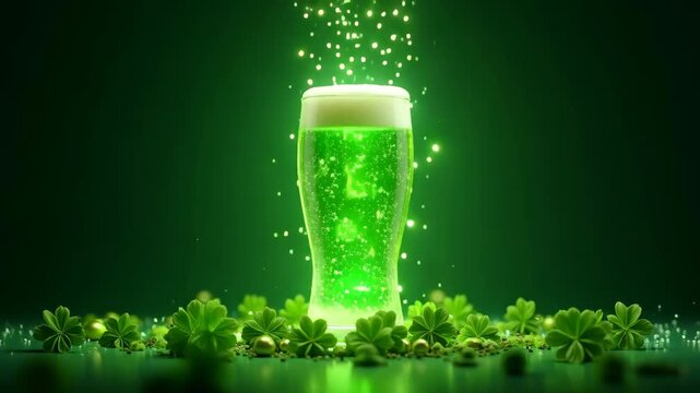 Glowing green beer in tall glass with creamy foam surrounded by shamrocks and golden sparkles on dark emerald background, concept of saint patricks day, pub celebrations, irish festivals