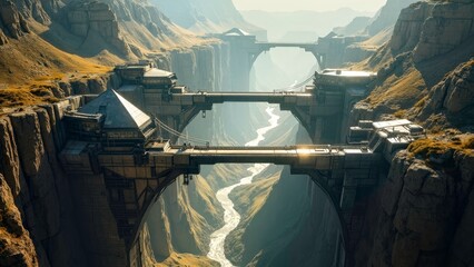 Art illustration of the double arch floating bridge in the valley
